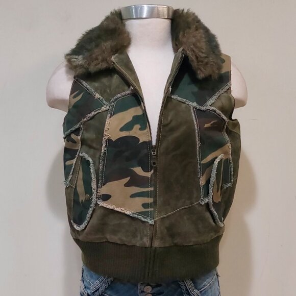 💋BOHO CHIC💋 Stunning Y2K VTG Camo Distressed Genuine Leather Vest - Picture 7 of 16